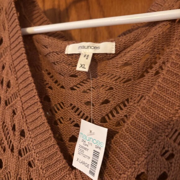 Open Knit V Neck Sweater XL, Rust Brown - Picture 2 of 3